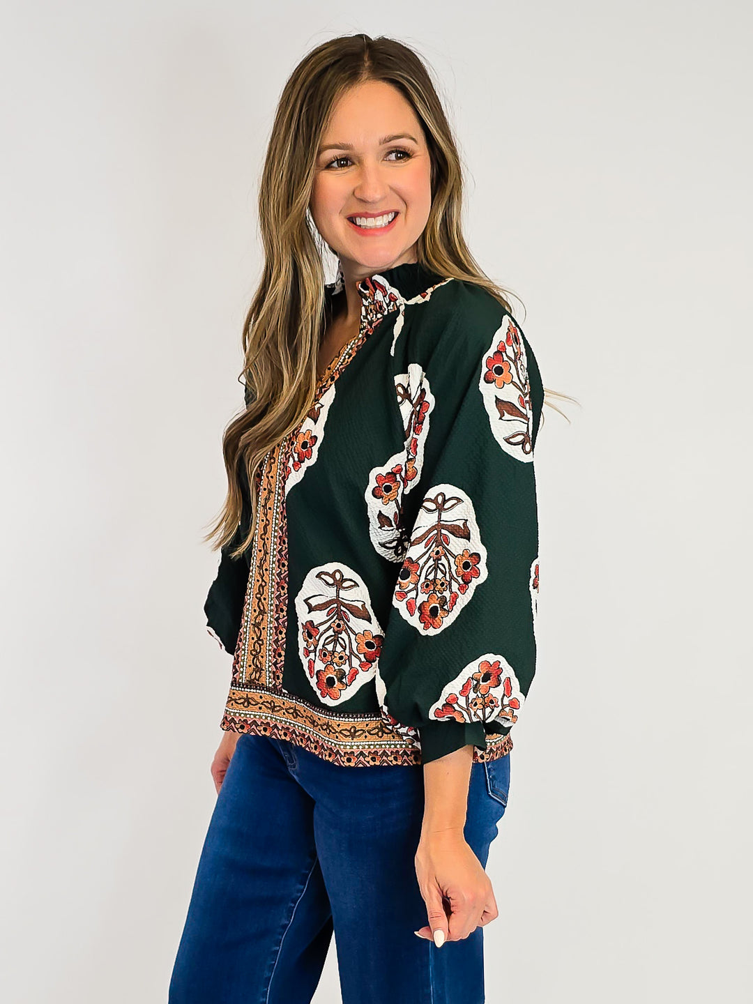 BOHO FLORAL PRINT TUNIC TOP W/BORDER PRINT - FOREST GREEN