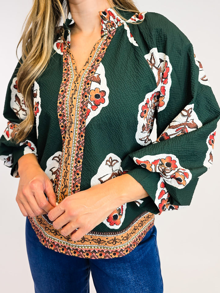 BOHO FLORAL PRINT TUNIC TOP W/BORDER PRINT - FOREST GREEN