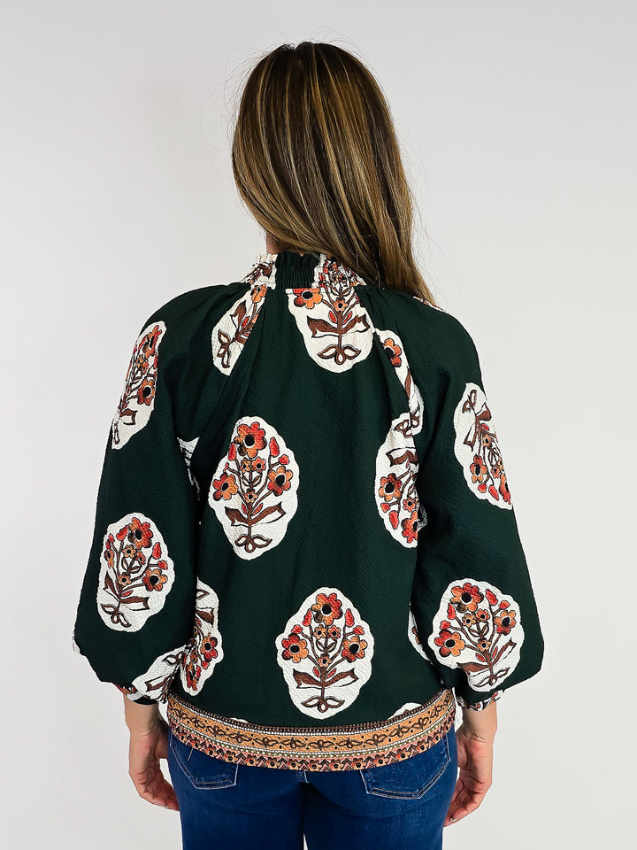 BOHO FLORAL PRINT TUNIC TOP W/BORDER PRINT - FOREST GREEN