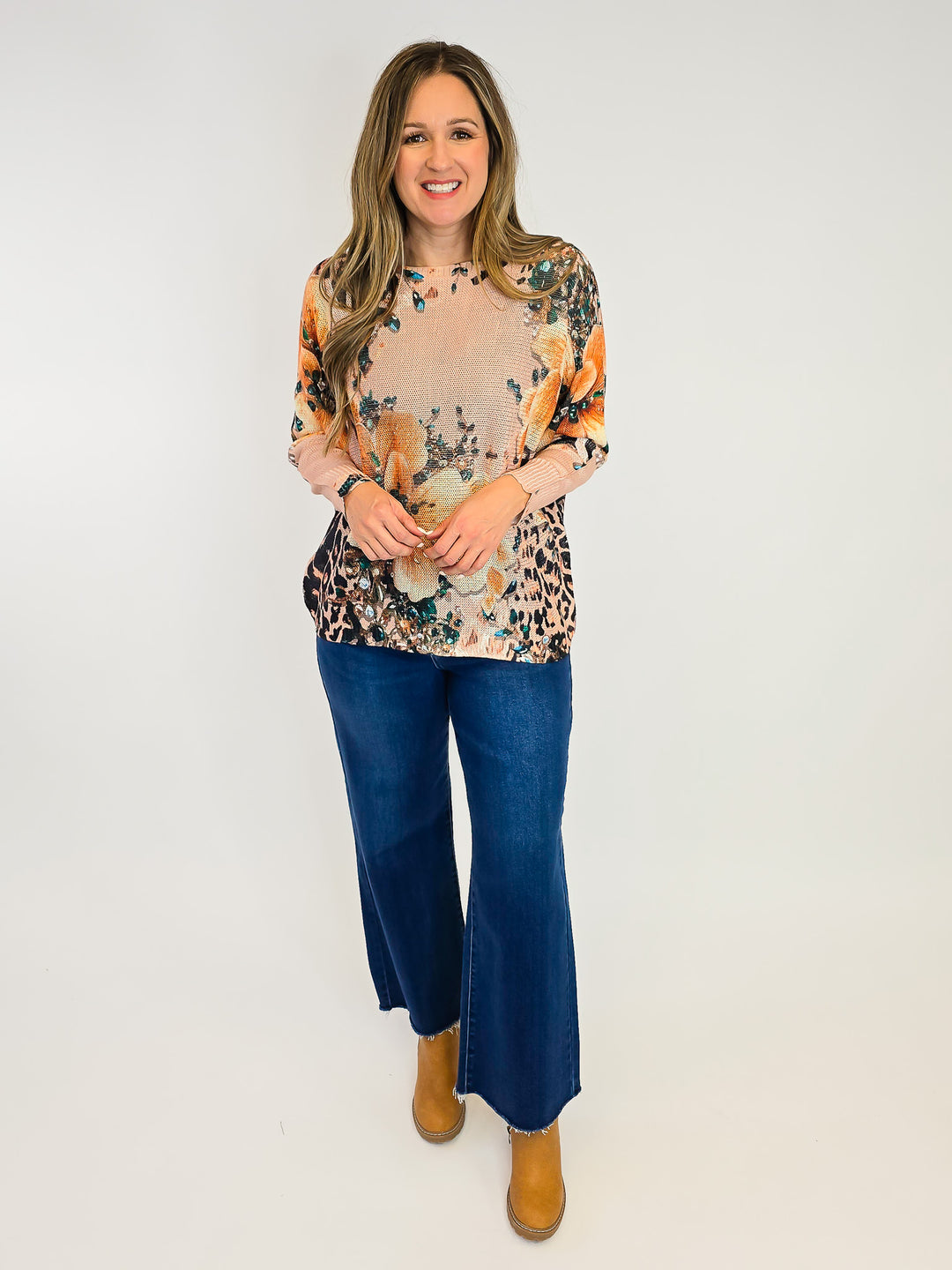 COTTON KNIT PULLOVER  - ONE SIZE - FALL FLORAL/ANIMAL PRINT (TAN)