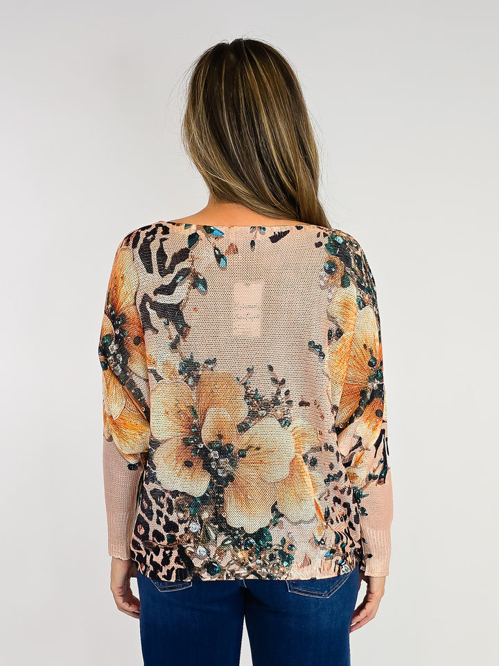 COTTON KNIT PULLOVER  - ONE SIZE - FALL FLORAL/ANIMAL PRINT (TAN)