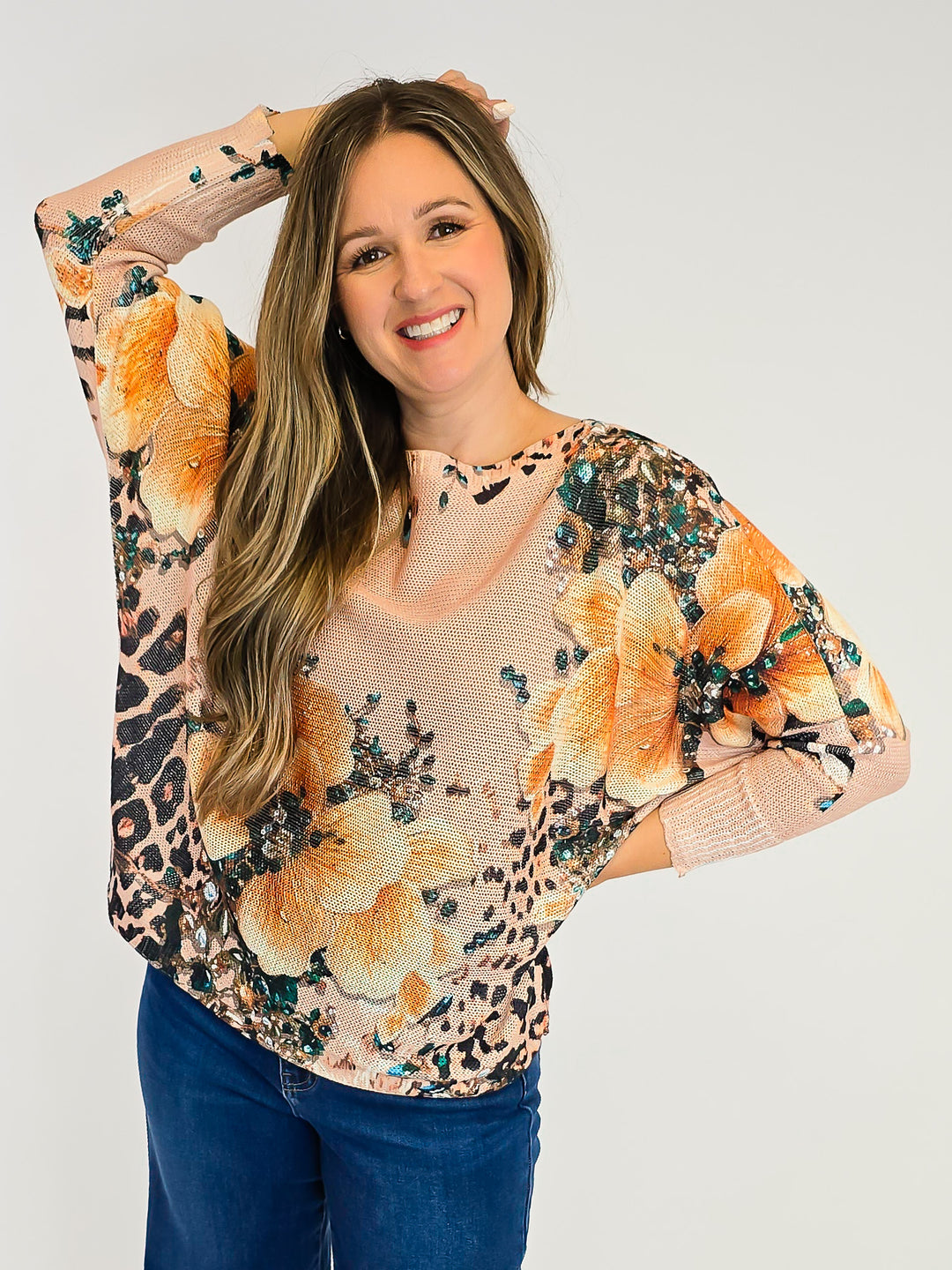 COTTON KNIT PULLOVER  - ONE SIZE - FALL FLORAL/ANIMAL PRINT (TAN)