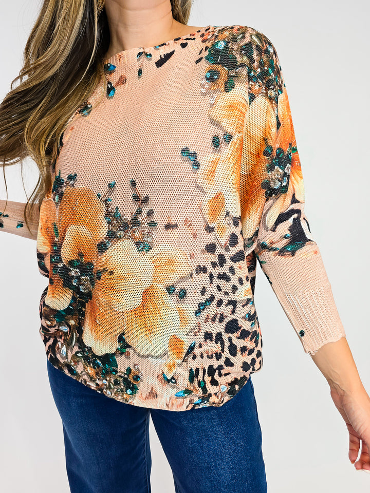 COTTON KNIT PULLOVER  - ONE SIZE - FALL FLORAL/ANIMAL PRINT (TAN)