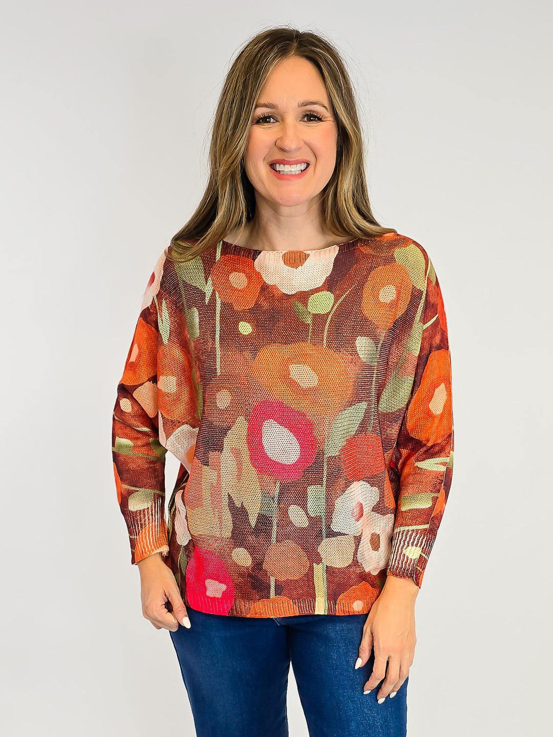 COTTON KNIT PULLOVER - ONE SIZE - BROWN FLORAL