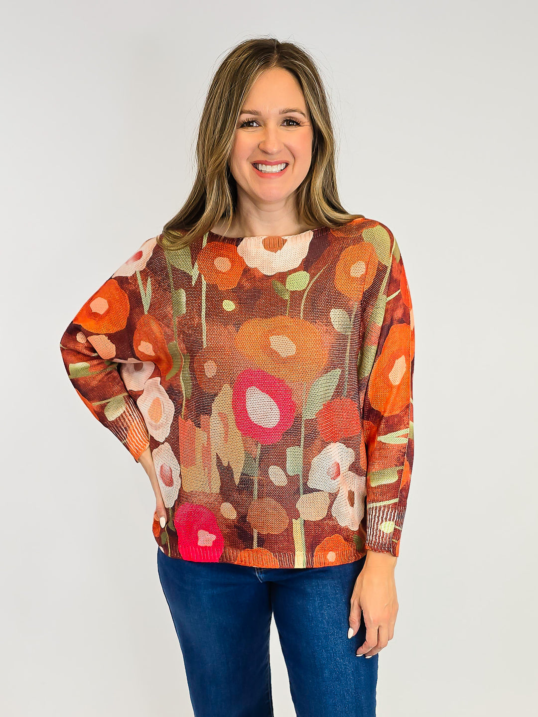 COTTON KNIT PULLOVER - ONE SIZE - BROWN FLORAL