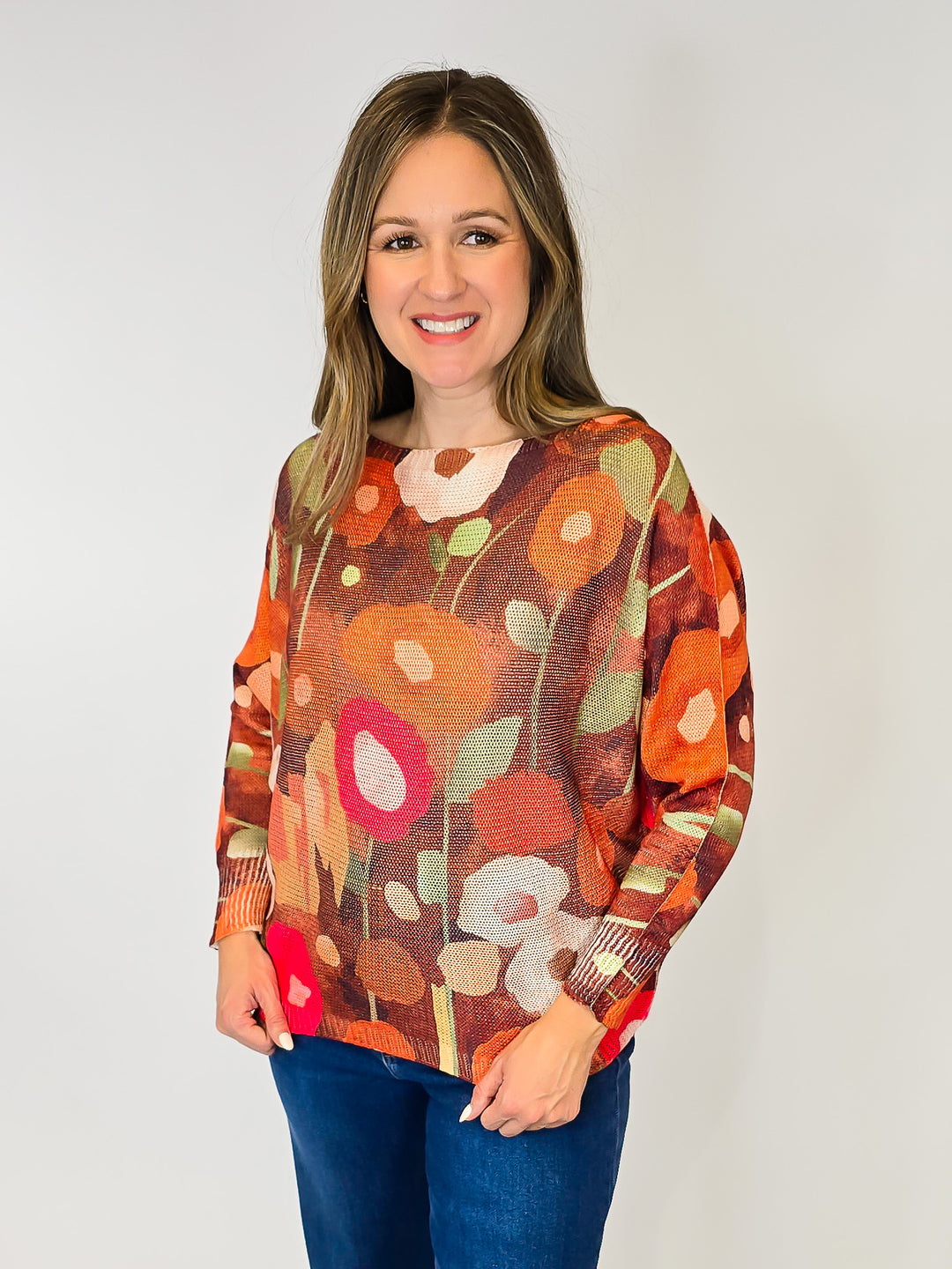 COTTON KNIT PULLOVER - ONE SIZE - BROWN FLORAL