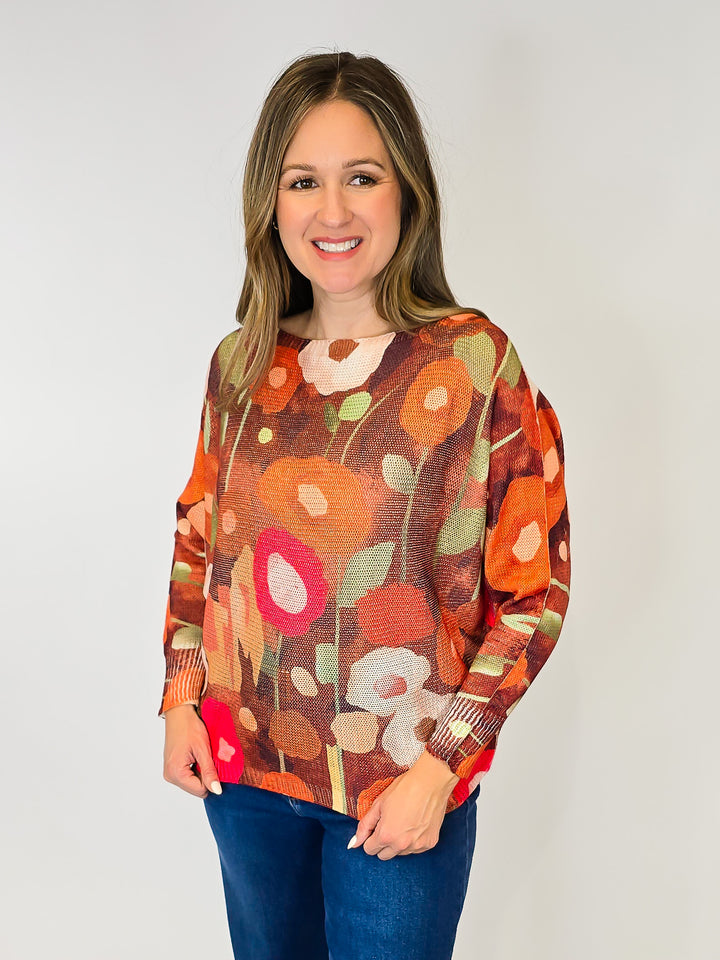 COTTON KNIT PULLOVER - ONE SIZE - BROWN FLORAL