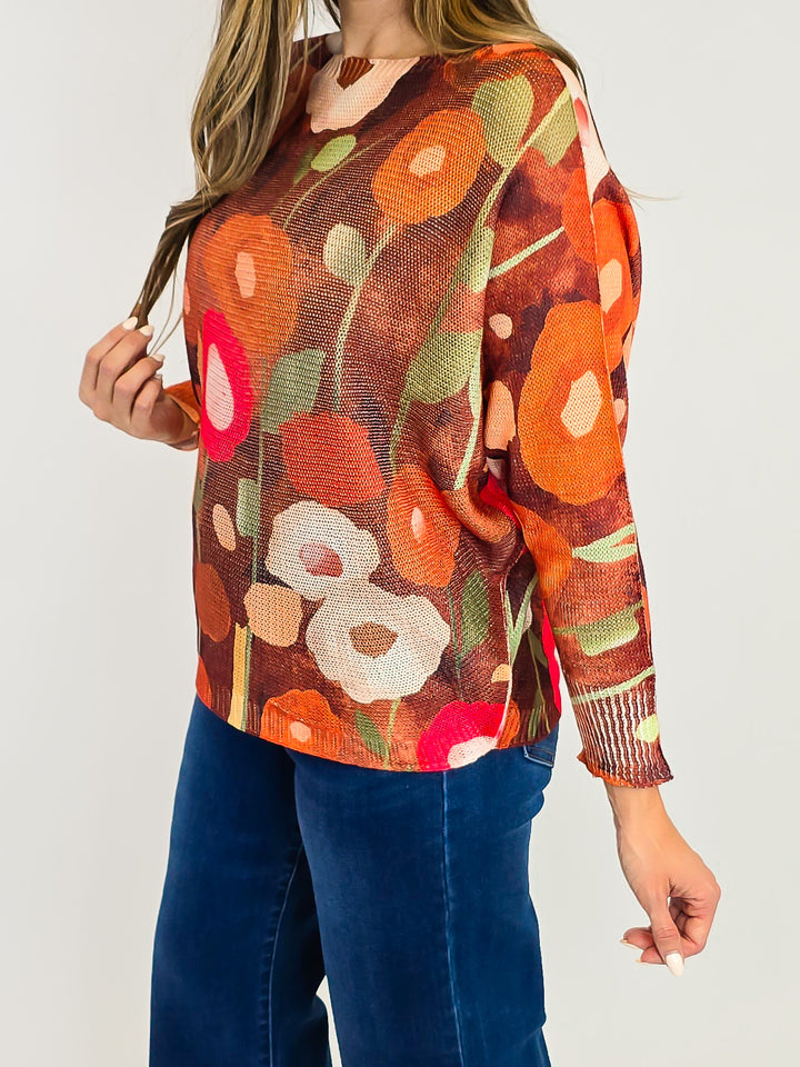 COTTON KNIT PULLOVER - ONE SIZE - BROWN FLORAL