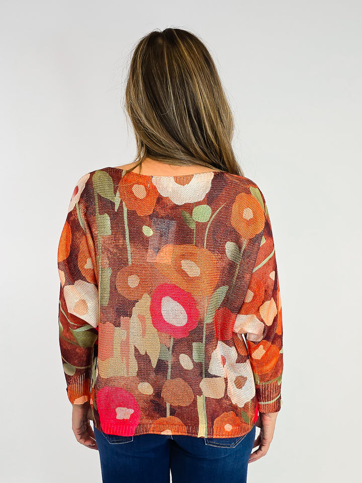 COTTON KNIT PULLOVER - ONE SIZE - BROWN FLORAL