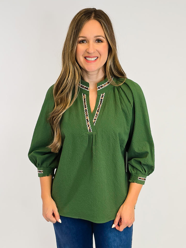 PUFF SLEEVE V-NECK TOP W/LEOPARD TRIM - OLIVE