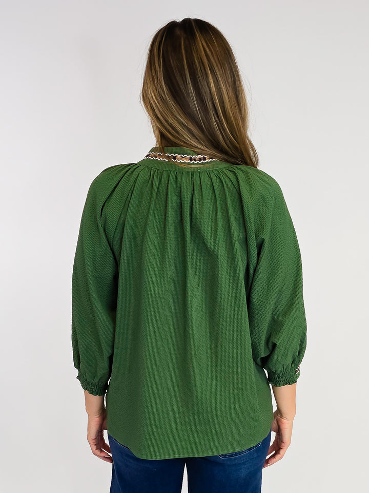 PUFF SLEEVE V-NECK TOP W/LEOPARD TRIM - OLIVE
