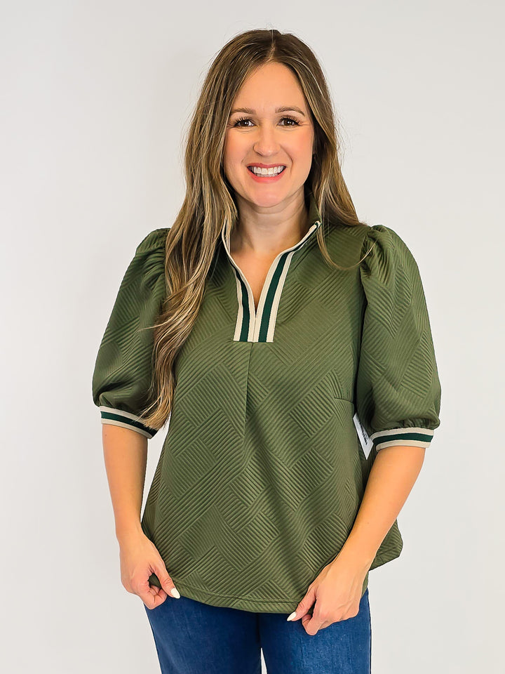 TEXTURED KNIT HALF ZIP TOP W/STRIPE TRIM - OLIVE