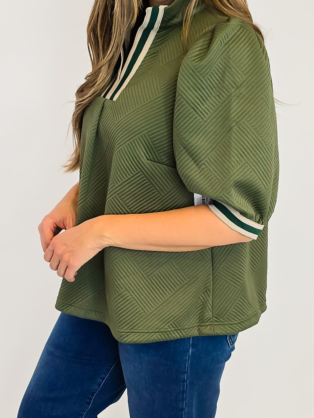 TEXTURED KNIT HALF ZIP TOP W/STRIPE TRIM - OLIVE