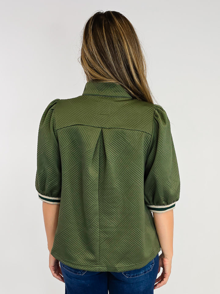 TEXTURED KNIT HALF ZIP TOP W/STRIPE TRIM - OLIVE