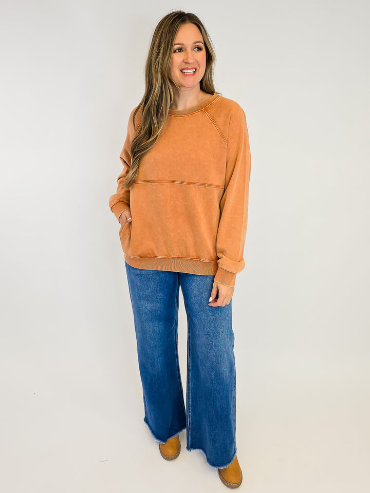 LONG SLEEVE MINERAL WASHED TERRY PULLOVER - CAPPUCCINO