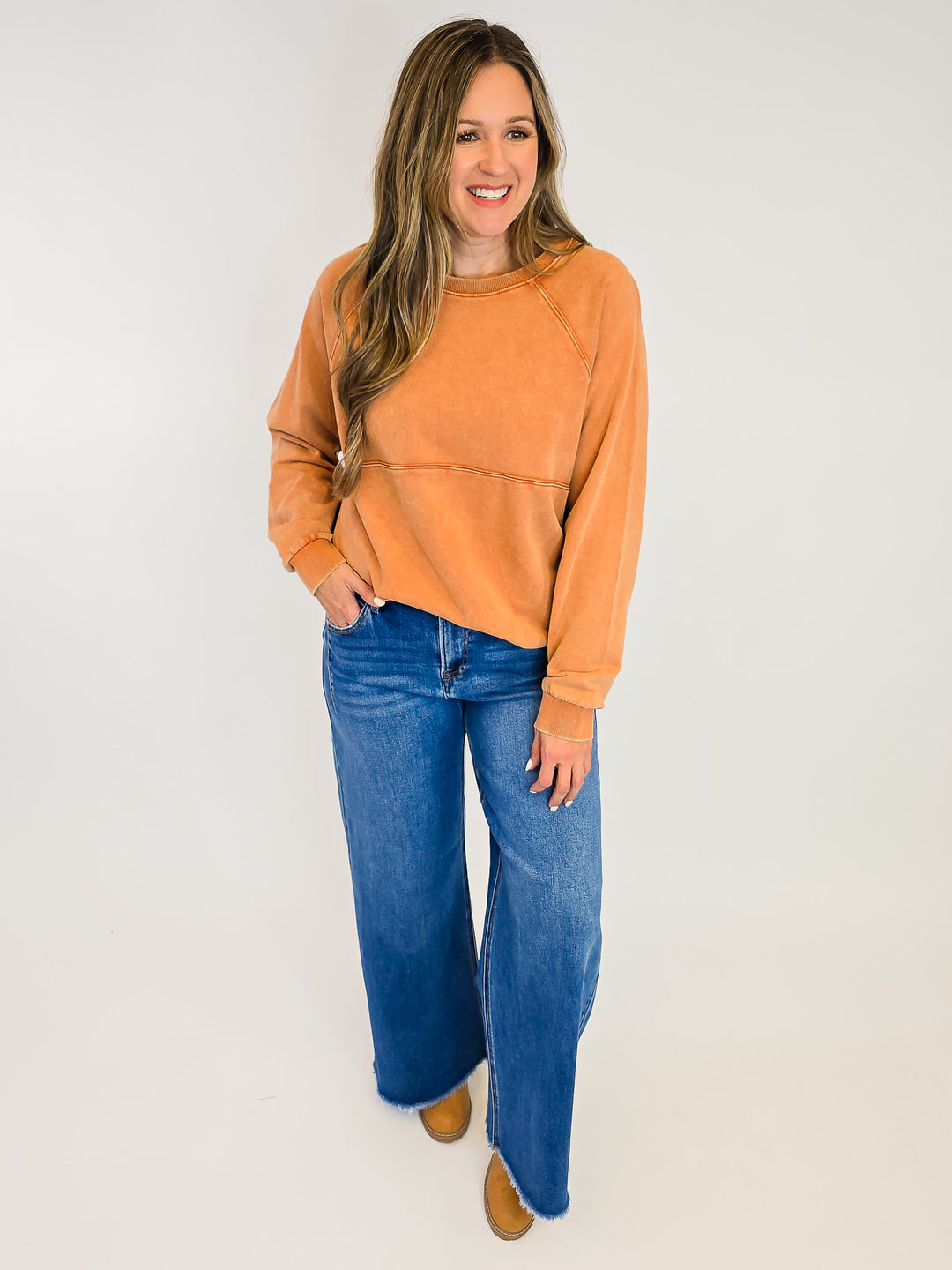 LONG SLEEVE MINERAL WASHED TERRY PULLOVER - CAPPUCCINO