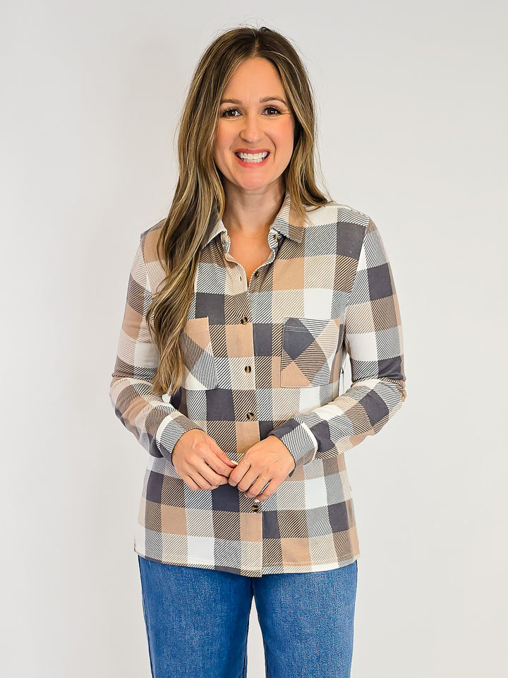 PLAID COLLARED SOFT BUTTON DOWN SHIRT - TAN/GREY