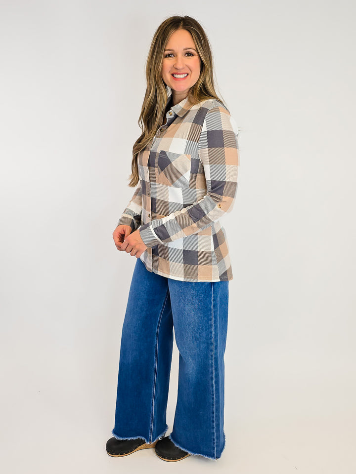 PLAID COLLARED SOFT BUTTON DOWN SHIRT - TAN/GREY