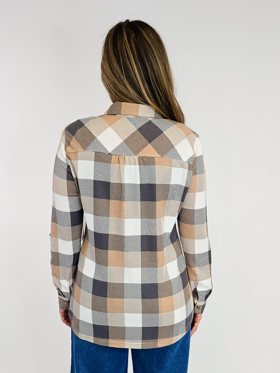 PLAID COLLARED SOFT BUTTON DOWN SHIRT - TAN/GREY