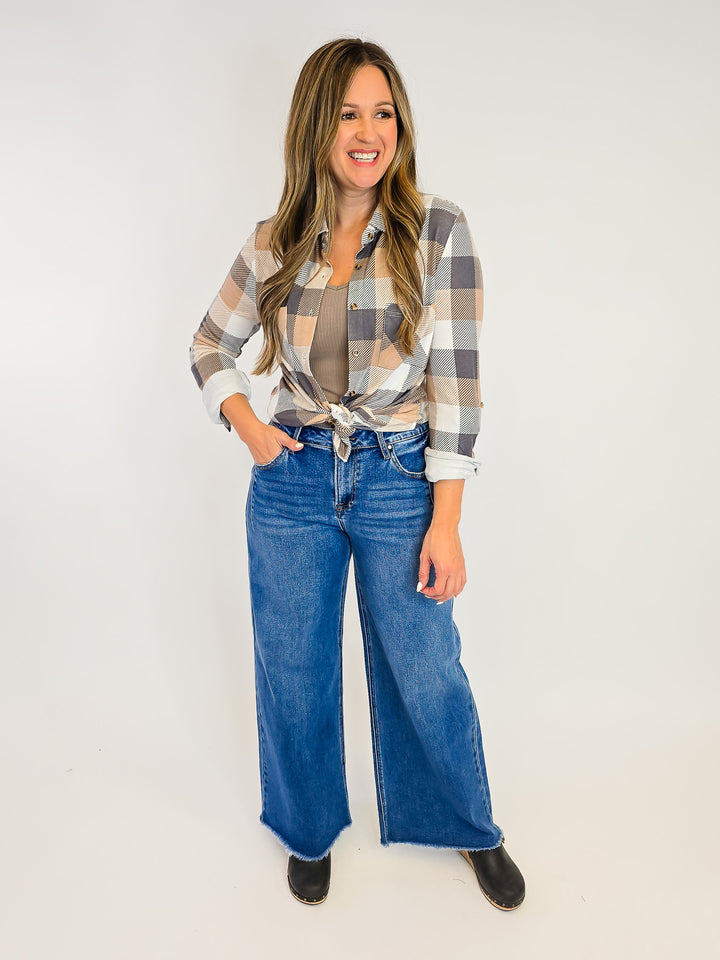PLAID COLLARED SOFT BUTTON DOWN SHIRT - TAN/GREY