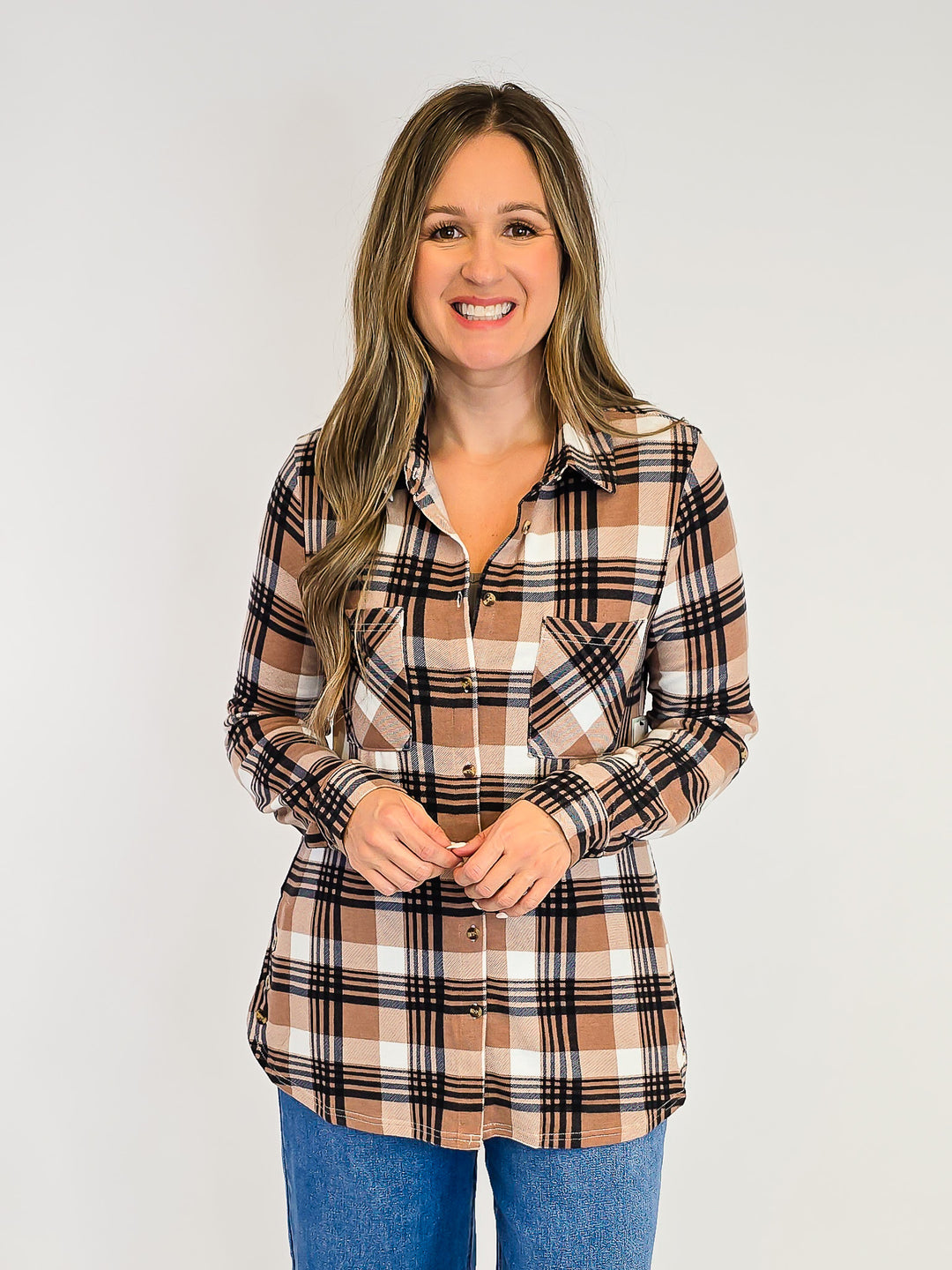 PLAID COLLARED SOFT BUTTON DOWN SHIRT - TAN/BLACK