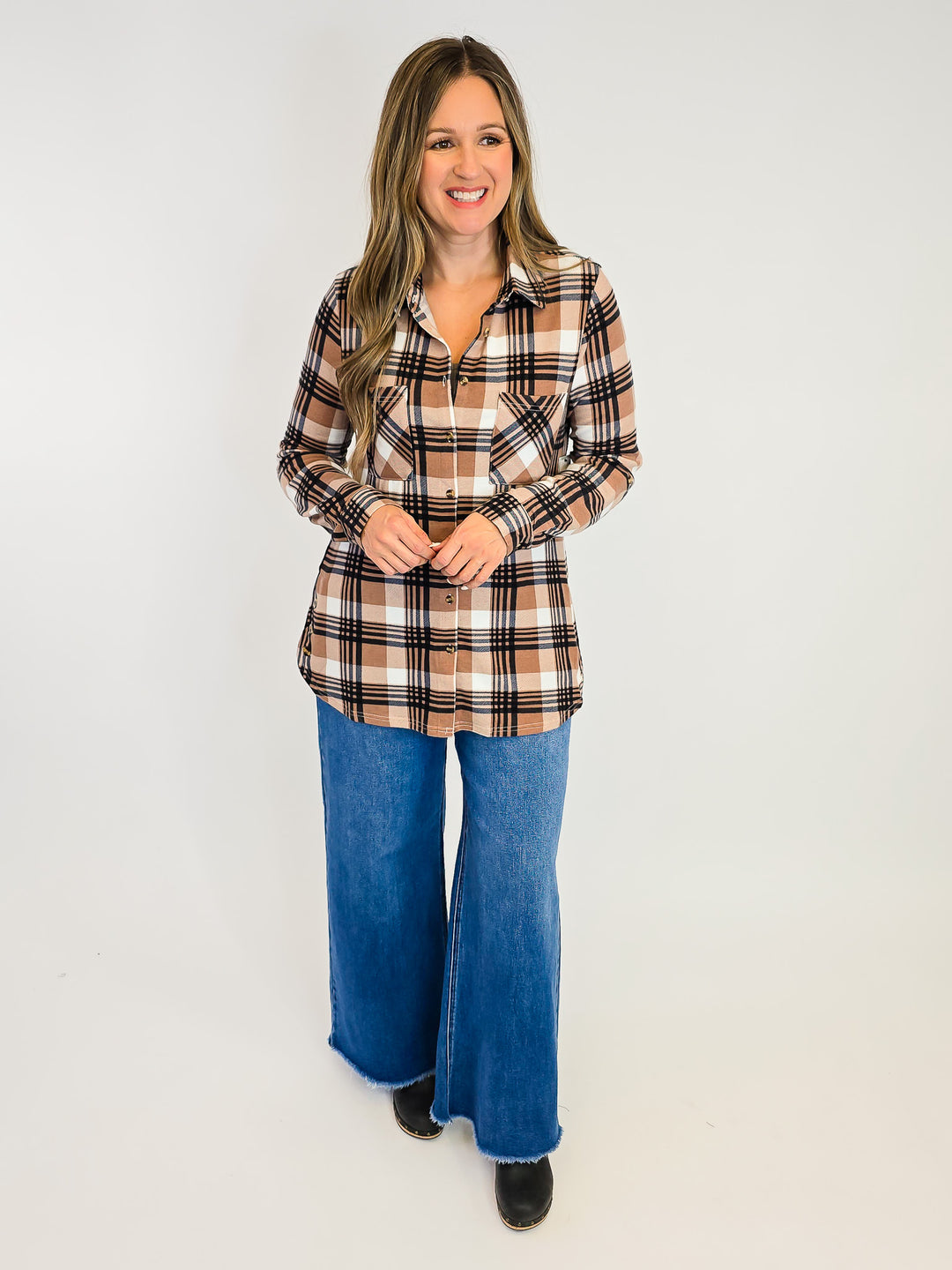 PLAID COLLARED SOFT BUTTON DOWN SHIRT - TAN/BLACK