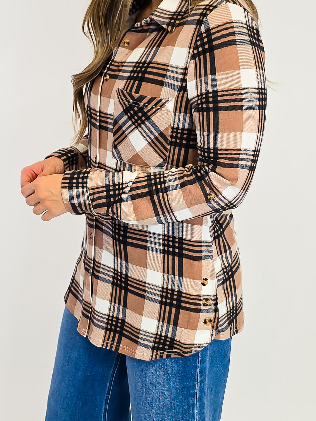 PLAID COLLARED SOFT BUTTON DOWN SHIRT - TAN/BLACK