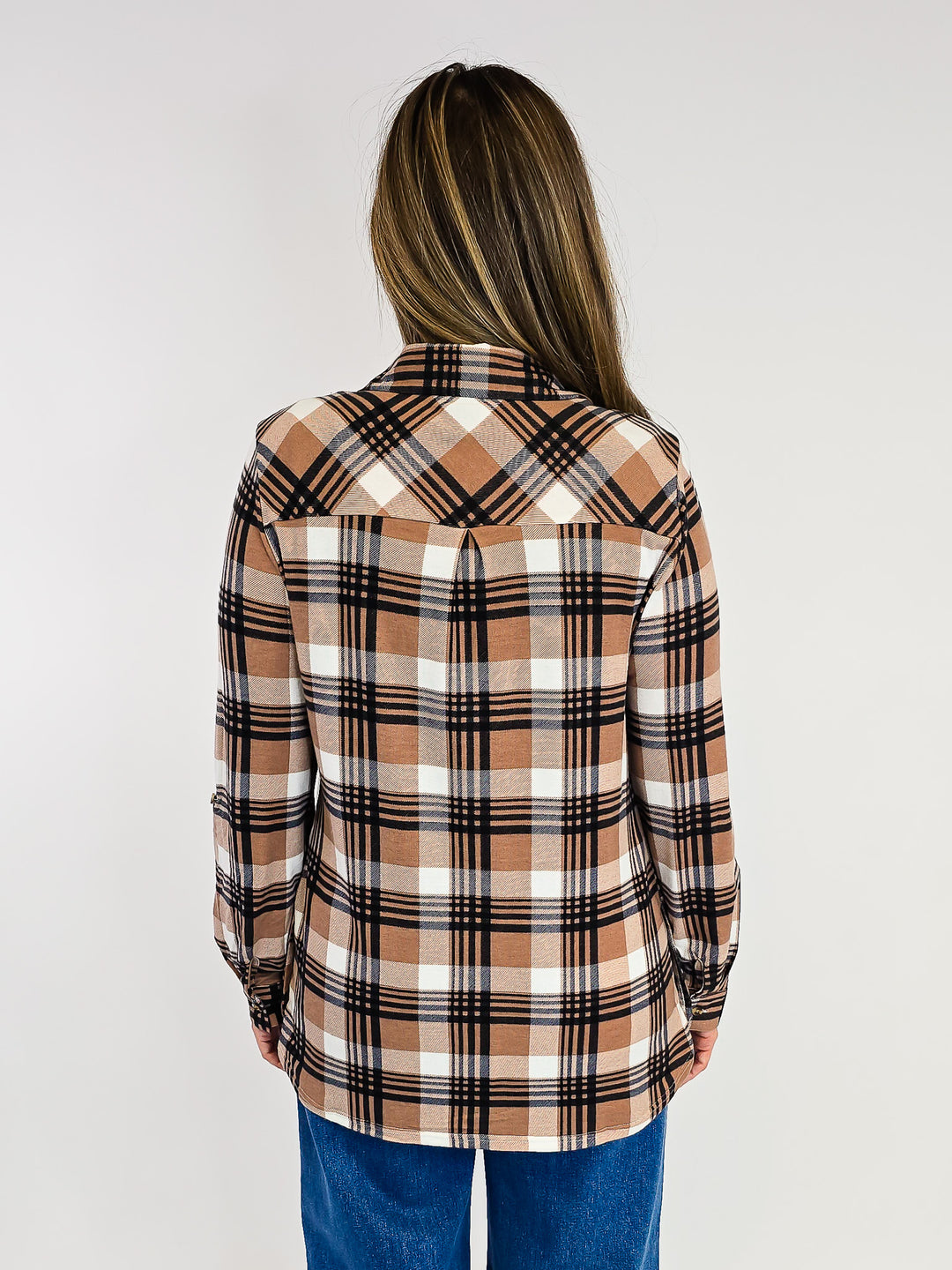 PLAID COLLARED SOFT BUTTON DOWN SHIRT - TAN/BLACK