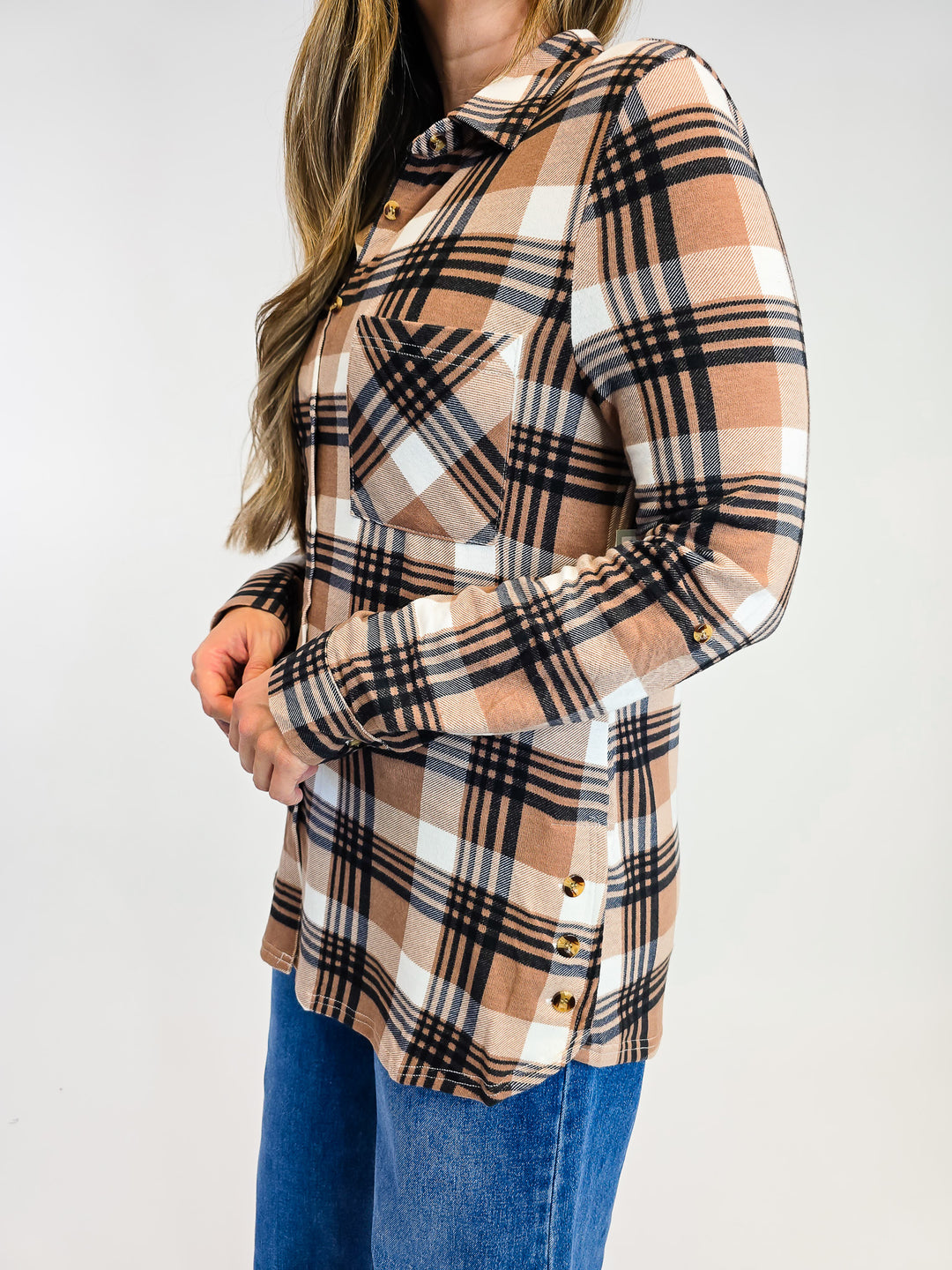 PLAID COLLARED SOFT BUTTON DOWN SHIRT - TAN/BLACK