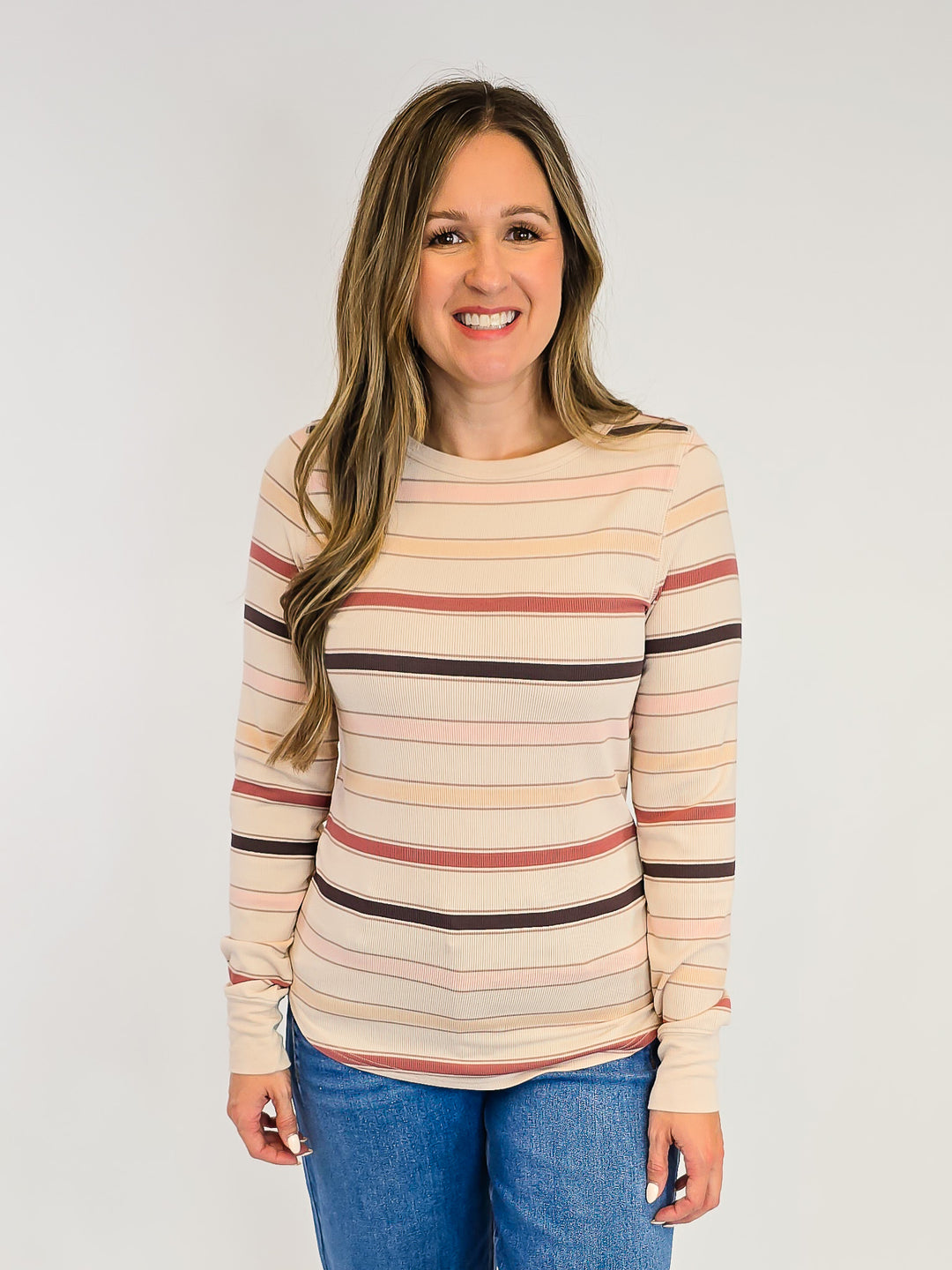 LONG SLEEVE RIBBED STACY TOP - AUTUMN STRIPE