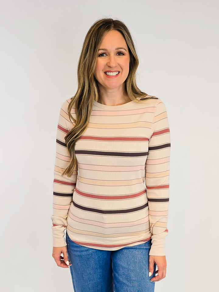 LONG SLEEVE RIBBED STACY TOP - AUTUMN STRIPE