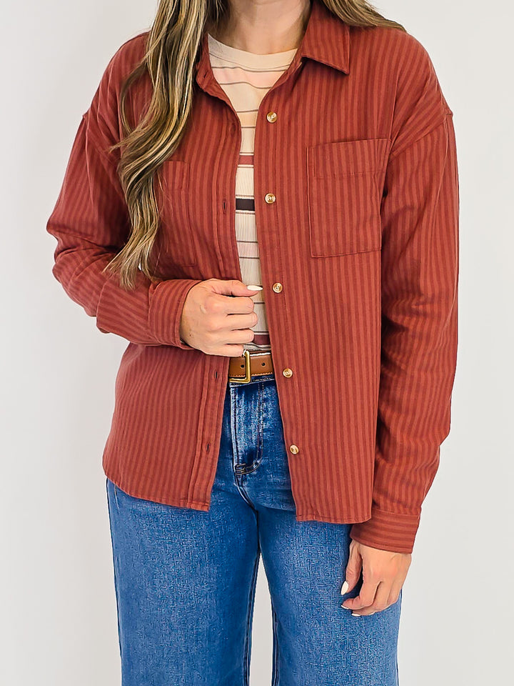 COLLARED BUTTON UP VERMONT STRIPED SHIRT - MAHOGANY TONAL
