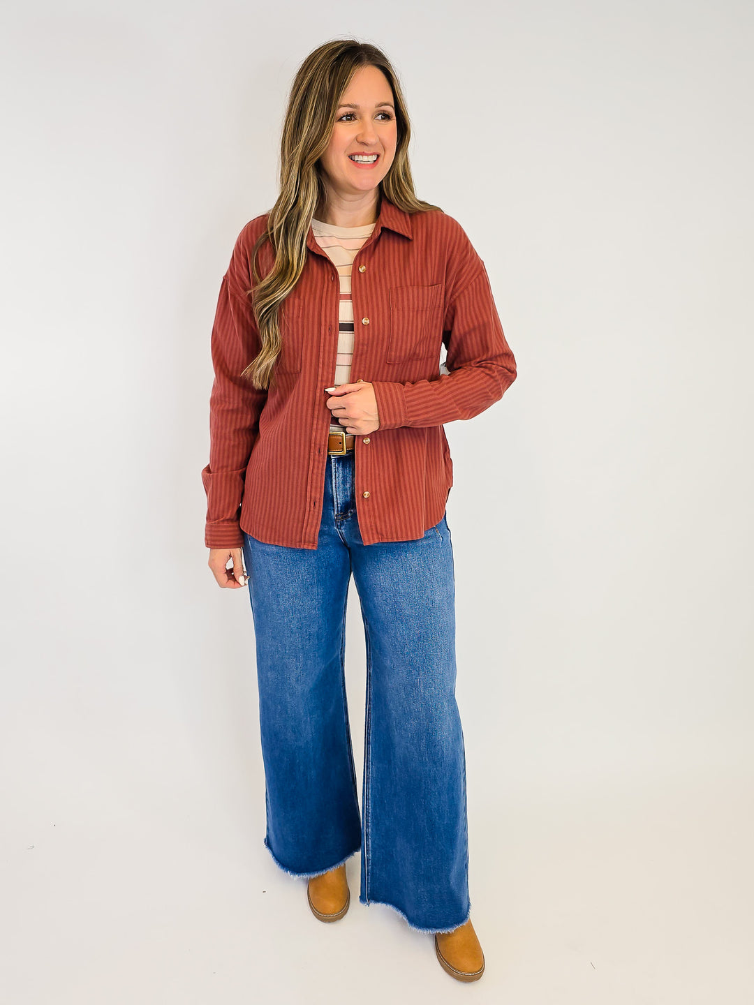 COLLARED BUTTON UP VERMONT STRIPED SHIRT - MAHOGANY TONAL