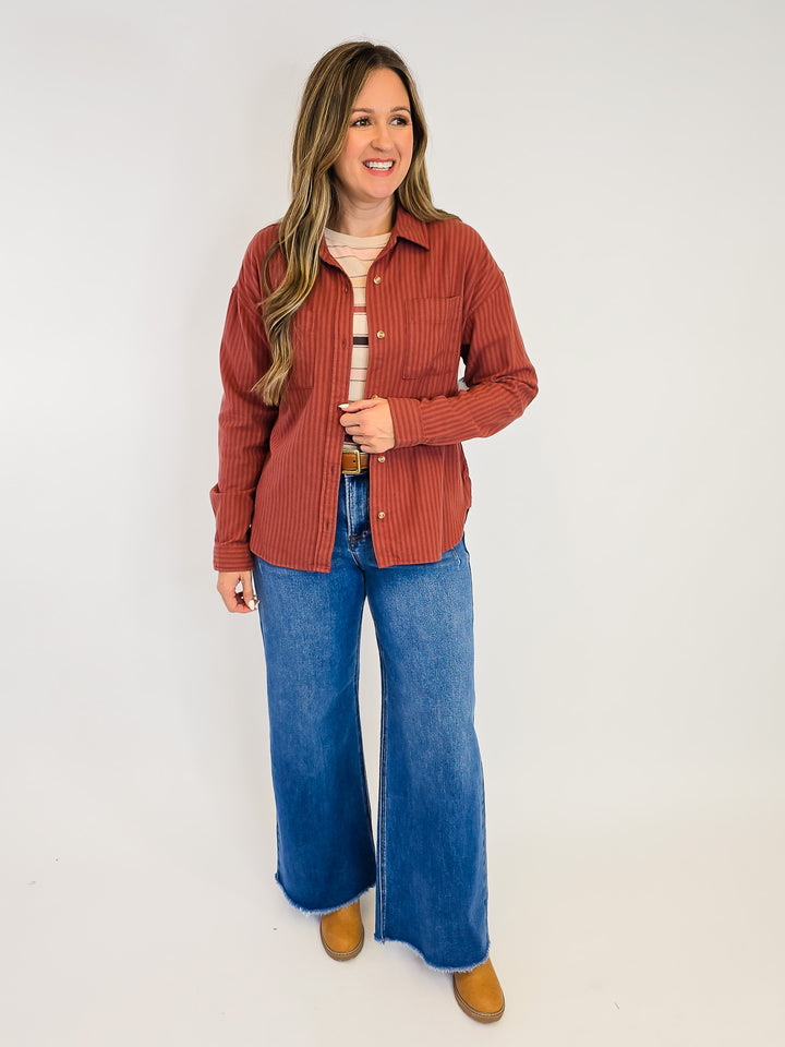 COLLARED BUTTON UP VERMONT STRIPED SHIRT - MAHOGANY TONAL