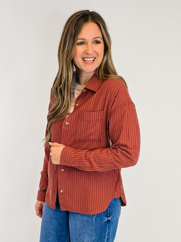 COLLARED BUTTON UP VERMONT STRIPED SHIRT - MAHOGANY TONAL