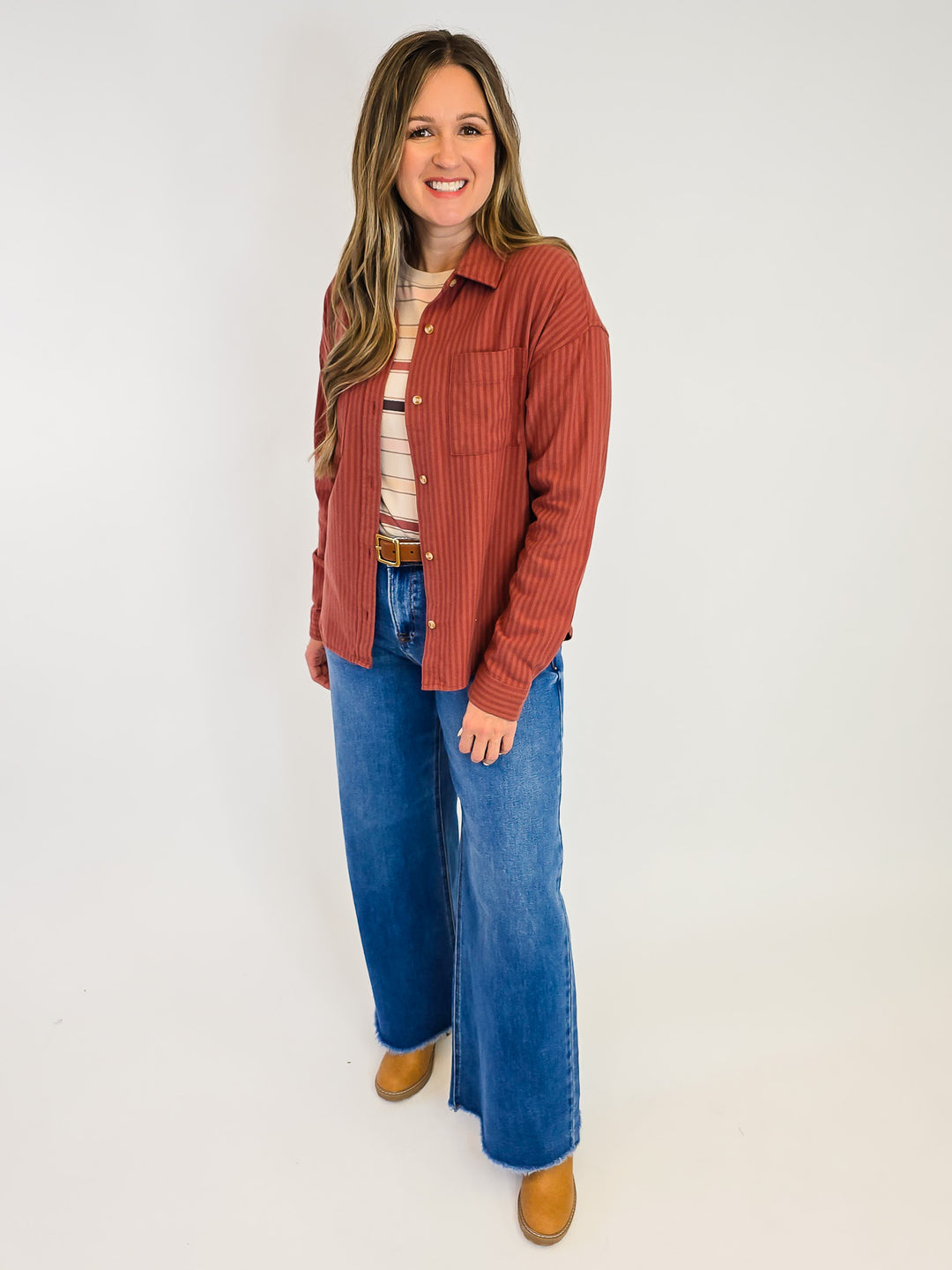 COLLARED BUTTON UP VERMONT STRIPED SHIRT - MAHOGANY TONAL