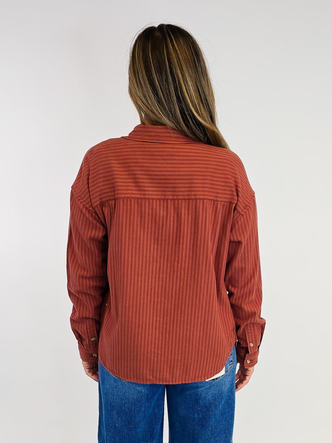 COLLARED BUTTON UP VERMONT STRIPED SHIRT - MAHOGANY TONAL