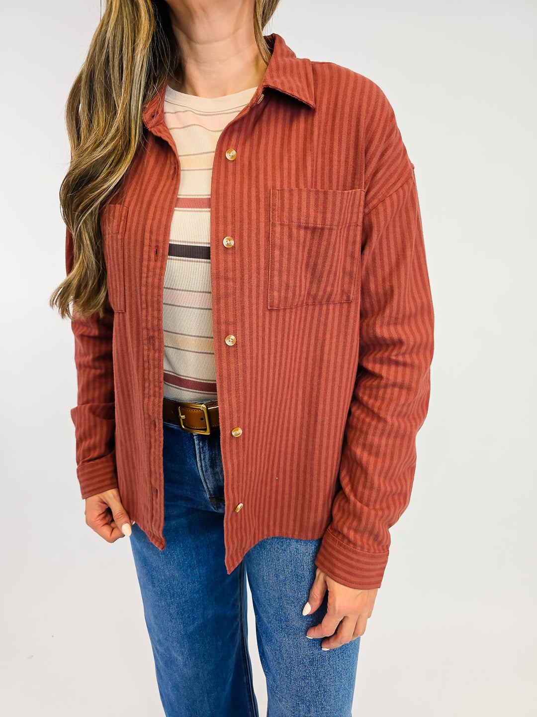 COLLARED BUTTON UP VERMONT STRIPED SHIRT - MAHOGANY TONAL