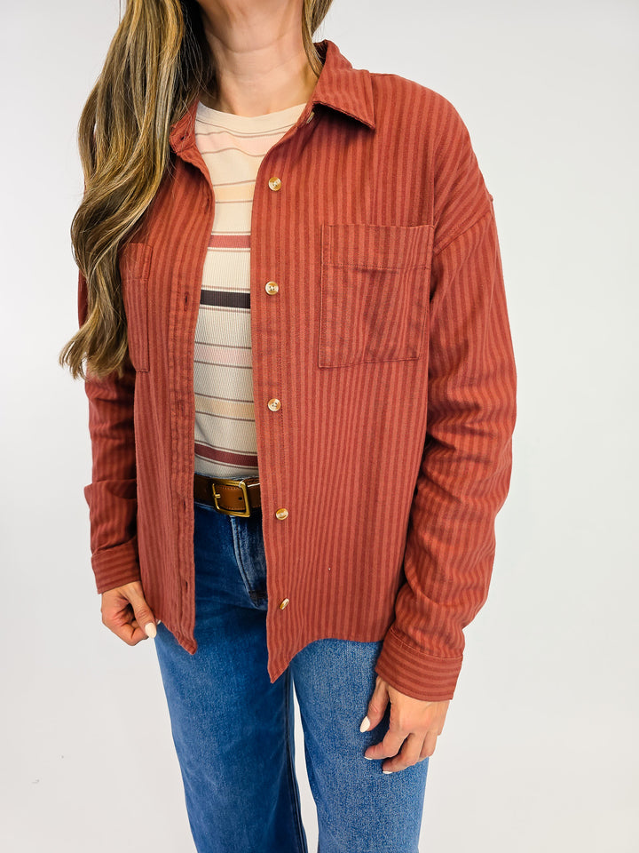 COLLARED BUTTON UP VERMONT STRIPED SHIRT - MAHOGANY TONAL