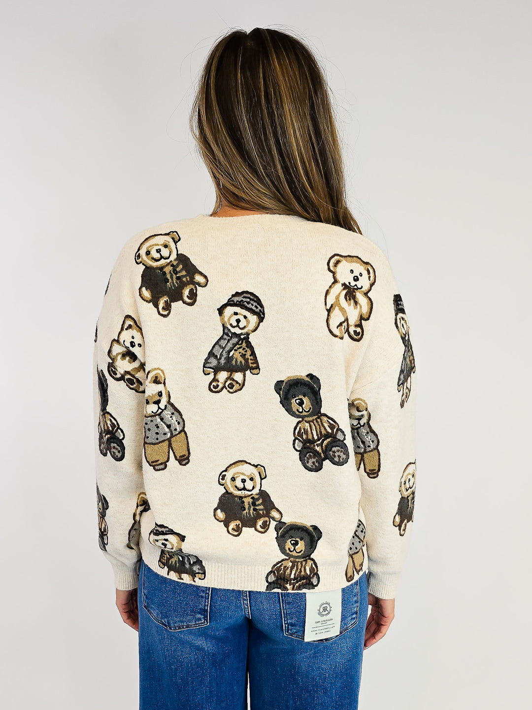 LONG SLEEVE CREW NECK BEAR PRINT SWEATER - ONE SIZE - CREAM