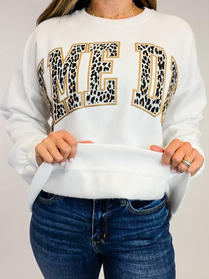 OVERSIZED LEOPARD 'GAME DAY' FLEECE SWEATSHRIT - WHITE