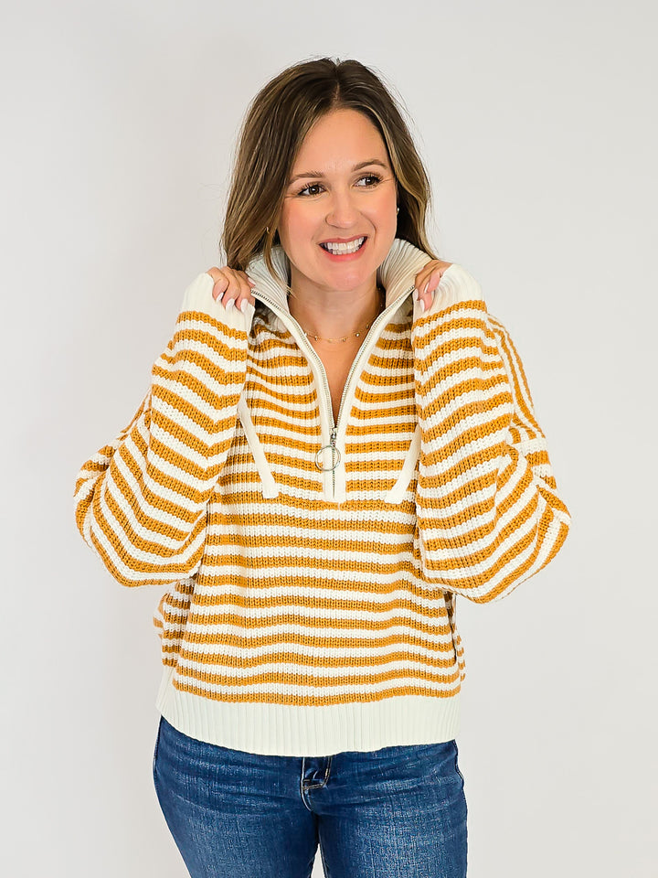 PREPPY HALF ZIP STRIPED SWEATER - CAMEL