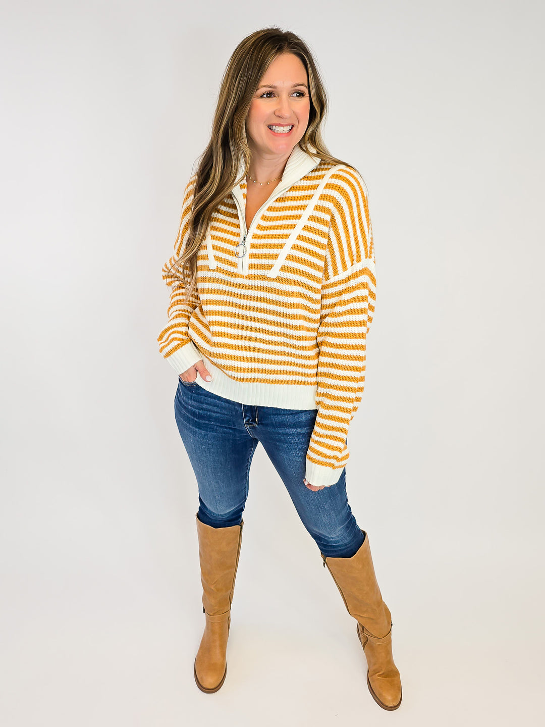 PREPPY HALF ZIP STRIPED SWEATER - CAMEL