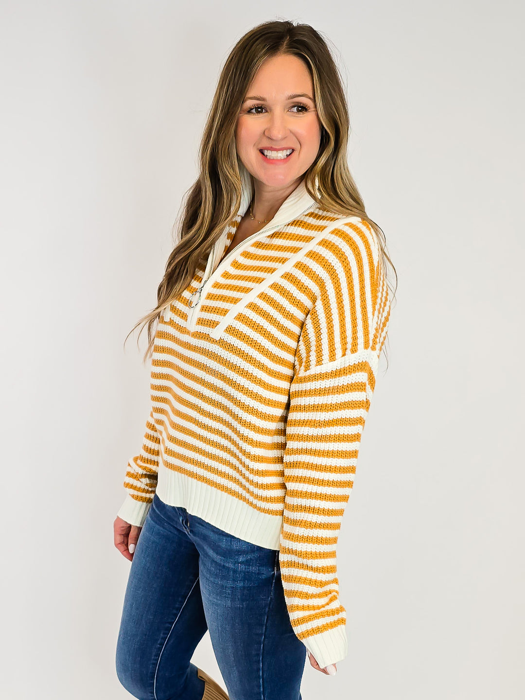 PREPPY HALF ZIP STRIPED SWEATER - CAMEL