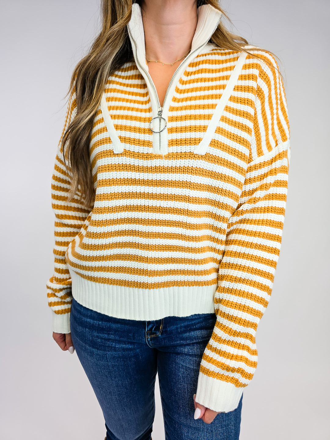 PREPPY HALF ZIP STRIPED SWEATER - CAMEL