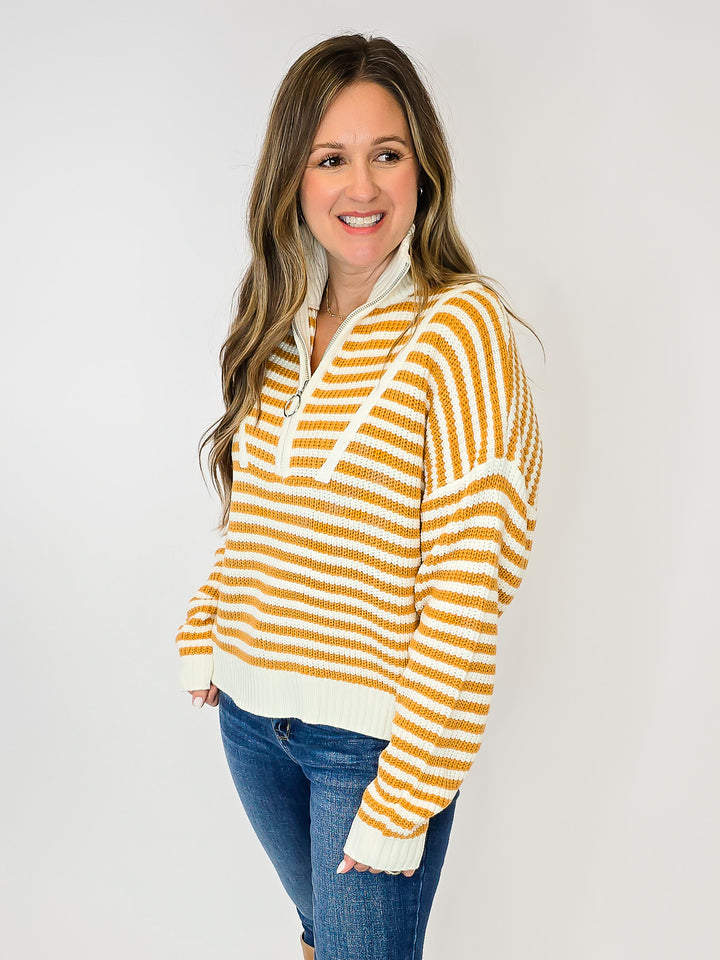PREPPY HALF ZIP STRIPED SWEATER - CAMEL