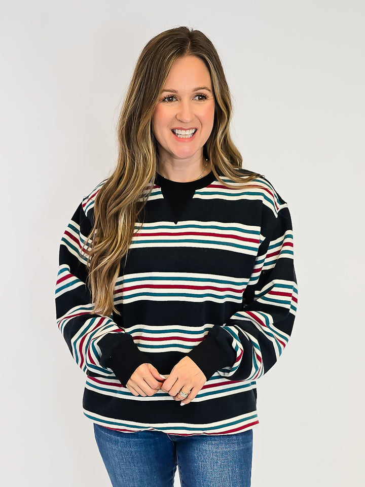 RETRO STRIPED CREW NECK SWEATSHIRT - DUST NAVY