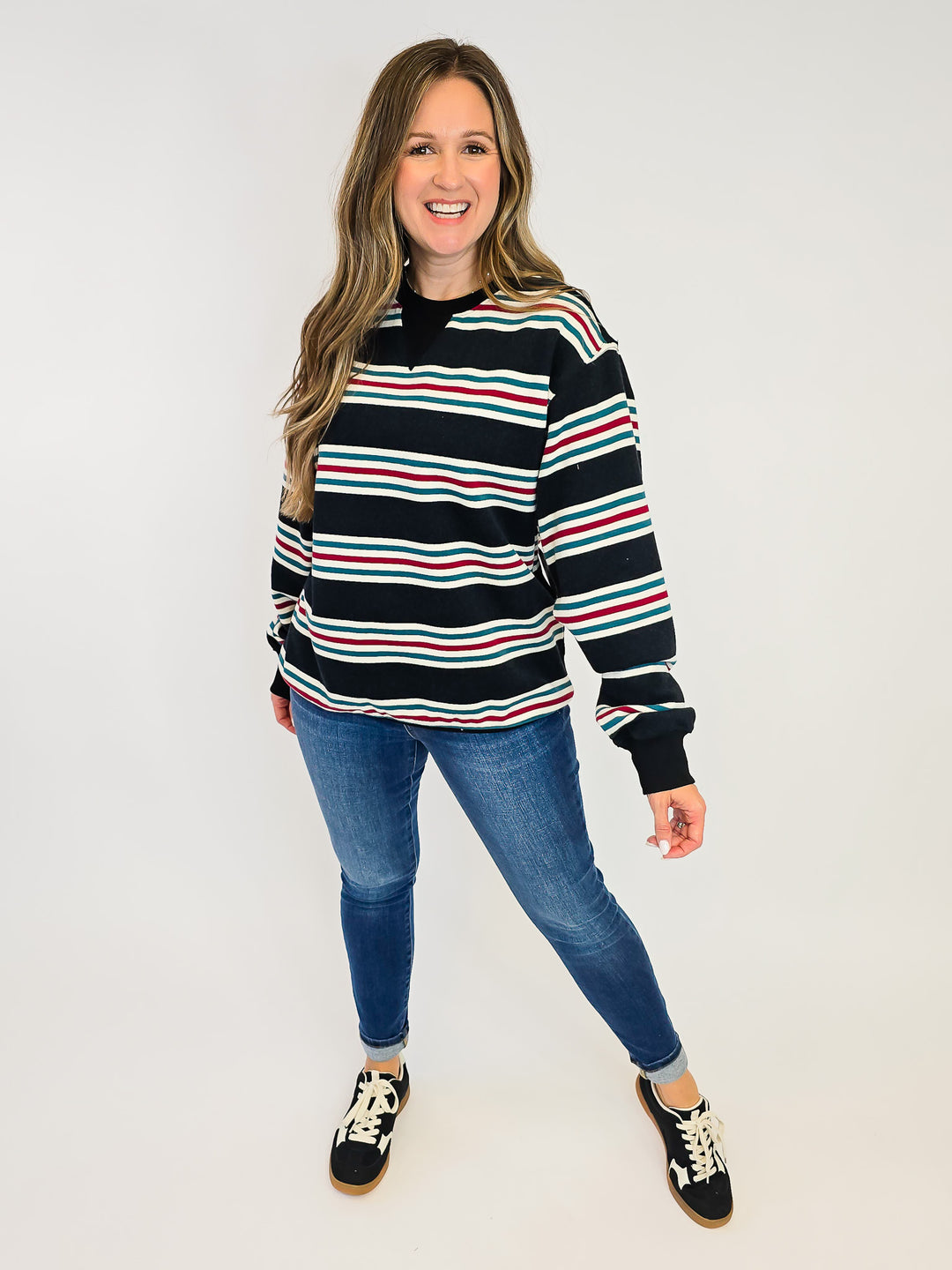 RETRO STRIPED CREW NECK SWEATSHIRT - DUST NAVY
