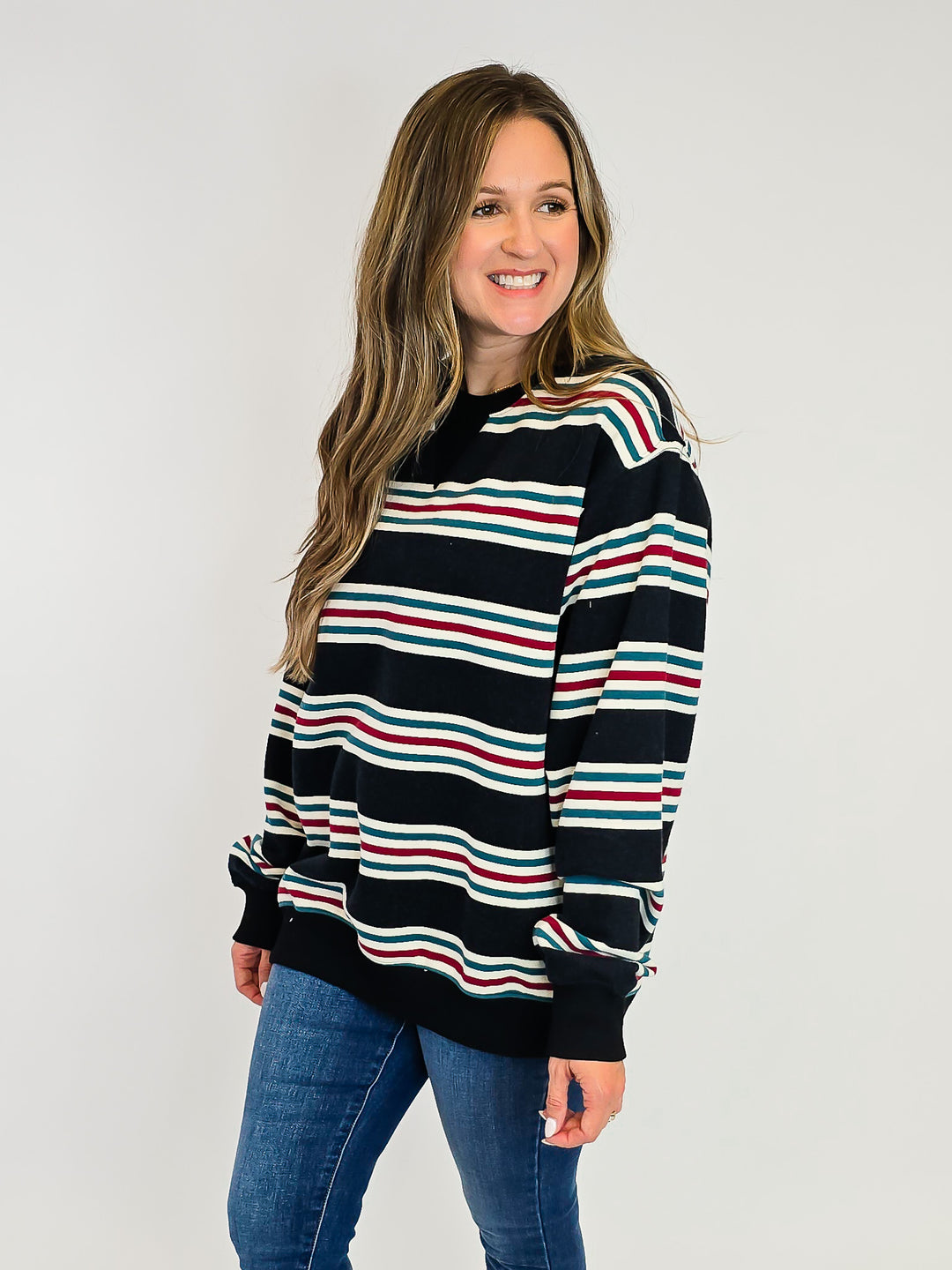 RETRO STRIPED CREW NECK SWEATSHIRT - DUST NAVY