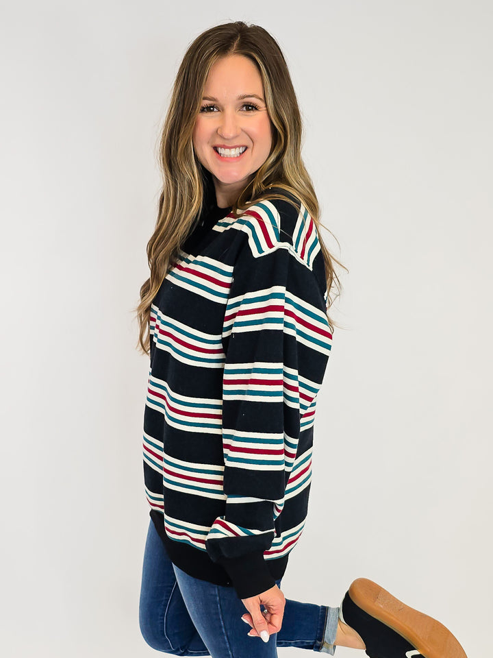 RETRO STRIPED CREW NECK SWEATSHIRT - DUST NAVY